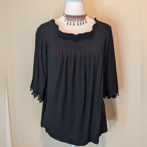 Green Envelope Black Off Shoulder Blouse with Crochet Trim
